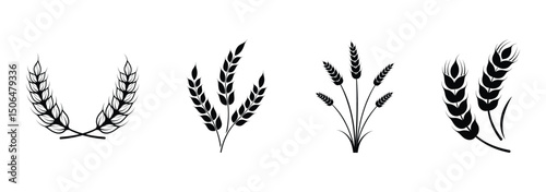 Farm wheat ears icon set. Durum wheat pasta label. Bakery logo. Organic wheat grain icon. Stylized black icons of wheat for print, product packaging, and agricultural business branding.