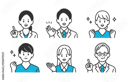 ポジティブな医者･看護師･医療事務の男女上半身セット【人物ベクターイラスト素材】