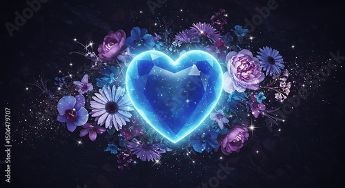 A blue gemstone heart is surrounded by purple  blue flowers sparkles