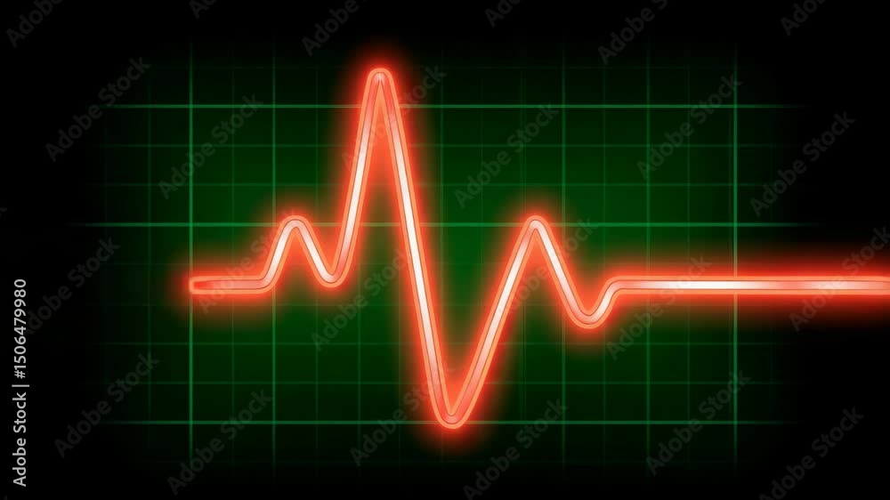 Dynamic Heart Rate Monitor Display with Glowing Red Lines on a Green Grid Background Dynamic Heart Rate Monitor Display with Glowing Red Lines on a Green Grid Background