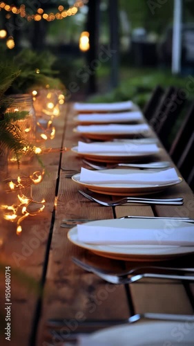 Rustic table setting with mason jars, string lights, fern fronds, plates, napkins, and silverware for elegant outdoor event.