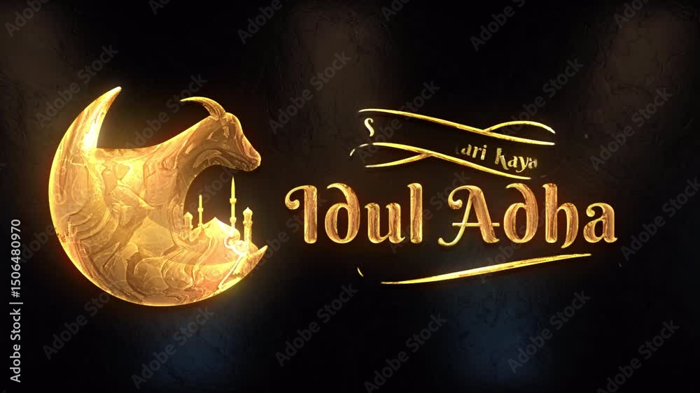 Elegant gold-textured Idul Adha animation featuring a crescent moon, goat, and Islamic lanterns. Perfect for festive intros, greetings, and Islamic holiday visual content.
