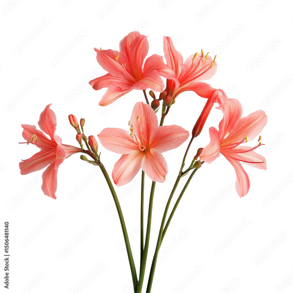 Obraz premium Nerine flowers showcase vibrant pink hues on a Transparent background, highlighting their elegant petals and shape, Nerine flowers flat PNG background