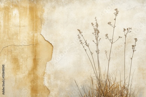 Dried plants sprout from base of weathered, tan stucco wall with ochre stains and cracks