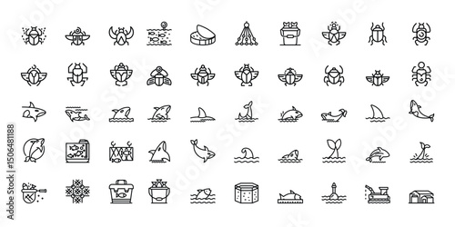 An array of stylized icons depict scarabs sharks fish and aquatic structures in a minimalistic design