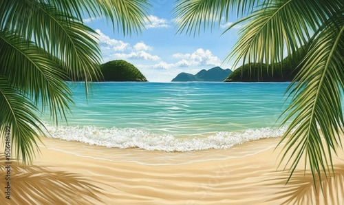 Idyllic tropical beach scene viewed through lush palm fronds, showcasing tranquil turquoise water, soft sand, and distant islands under a bright sky