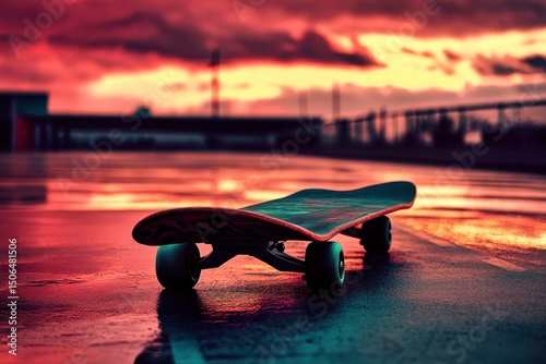 Skateboard sits alone on a wet asphalt surface at sunset, reflecting fiery colors in the puddles, under a dramatic sky