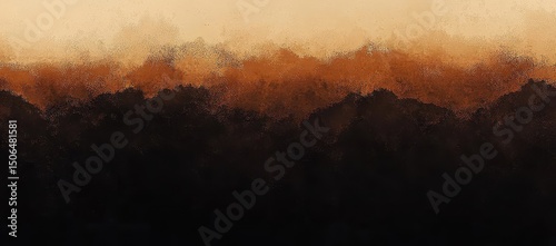 Abstract landscape painting of a hazy, mountainous scene transitioning from light beige and orange hues at the top to deep browns and blacks at the bottom
