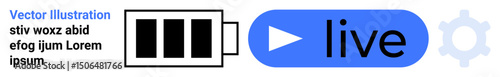 Battery icon depicts power, play button indicates live mode, and gear signifies settings or customization. Ideal for energy, technology, live streaming, media, workflow, progress simple landing page