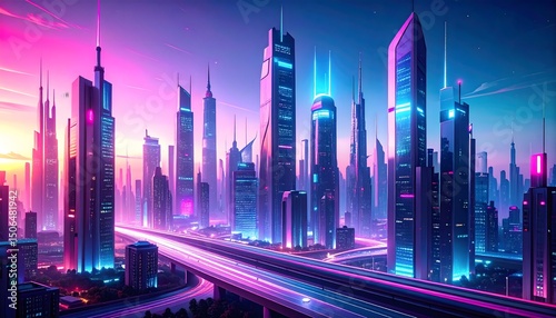 Futuristic Cityscape at Sunset Neon Lights Skyline Urban Architecture Design photo