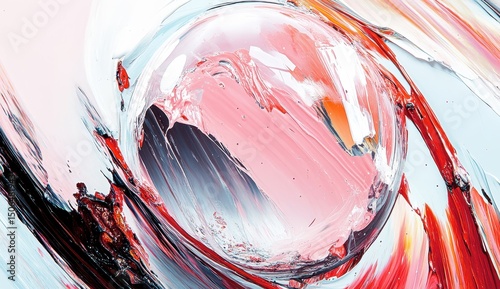 Abstract artwork featuring a translucent sphere nestled within a vibrant, swirling vortex of impasto paint strokes in coral, white, and muted blues