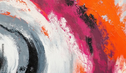 Abstract swirling artwork in vibrant pinks, oranges, grays, and blacks with visible brushstrokes and texture