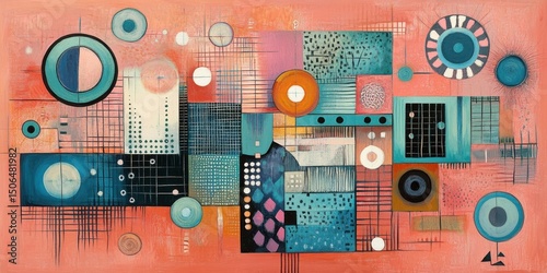 Abstract coral-toned artwork featuring geometric shapes, circles, grids, and textured patterns in teal, orange, and pink hues