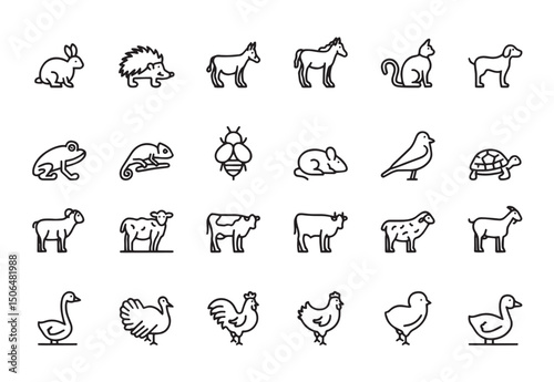 Twentyfour animal icons arranged in a rectangular grid pattern featuring various fauna in black outline
