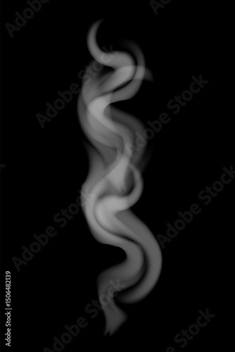 Soft swirling white smoke on a dark black background. Elegant vapor texture with abstract curves and transparent flowing lines. Atmospheric design for mysterious and dreamy visuals illustration.