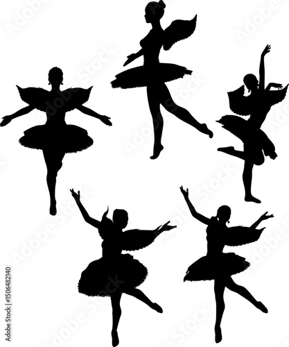 Silhouette of a graceful ballerina with wings in a dance pose. Elegant ballerina silhouette in tutu with angel wings, performing a classic ballet move. Fairy tale ballerina with bird wings, cupid.