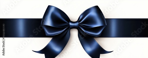 A rich, dark-blue satin ribbon tied in a large, elegant bow, set against a stark white background