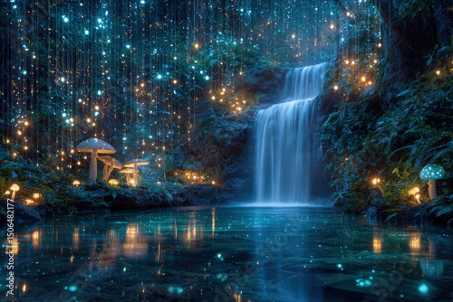 Enchanting fantasy waterfall illuminated by glowing bioluminescent lights amidst lush mystical forest with vibrant mushrooms