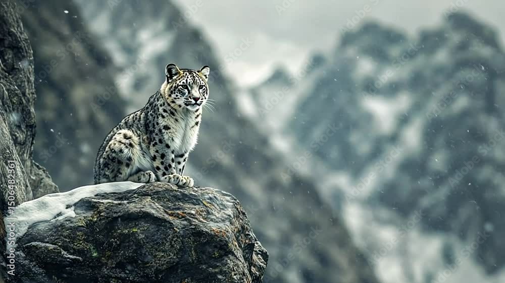 Majestic Snow Leopard in Snowy Mountains