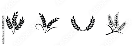 Wheat icon set. Collection of black wheat ear silhouettes, ideal for agriculture logos, organic product labels, and rural themed designs. Vector illustration. EPS 10