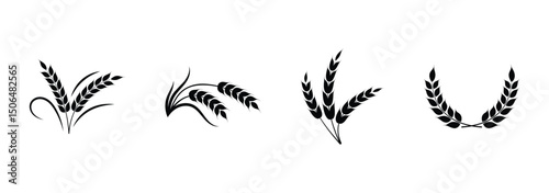 Wheat icon set. Collection of black wheat ear silhouettes, ideal for agriculture logos, organic product labels, and rural themed designs. Vector illustration. EPS 10