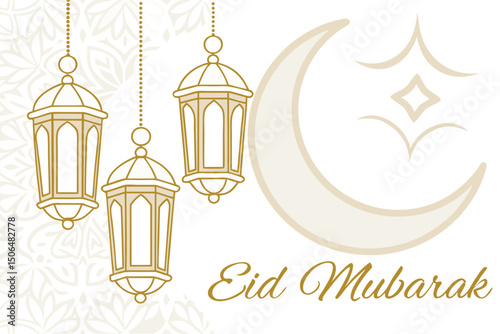 Eid Mubarak Greetings With Golden Lanterns And Crescent Moon Illustration Vector