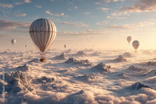 Majestic hot air balloons soar above misty mountain landscape at dawn, capturing serene sunrise beauty and tranquil aerial adventure against backdrop of clouds and sky.