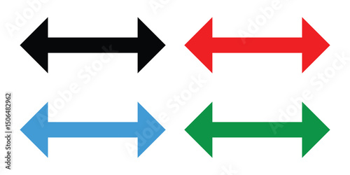 Horizontal dual sided long straight arrow signs. Black, Red, Blue and Green arrow symbol. Double arrow icon isolated on white background. Vector illustration. EPS 10