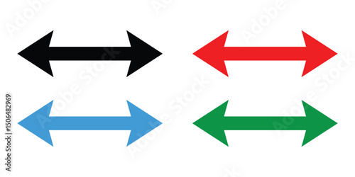 Horizontal dual sided long straight arrow signs. Black, Red, Blue and Green arrow symbol. Double arrow icon isolated on white background. Vector illustration. EPS 10