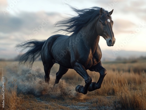 Black horse running in field