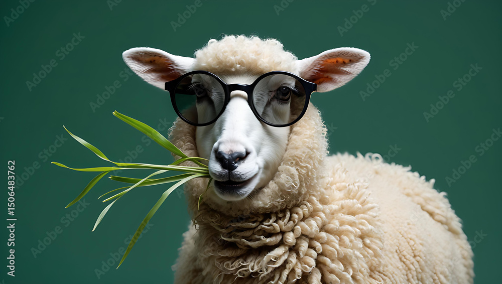 Obraz premium Stylish sheep wearing glasses eats grass eid ul adha