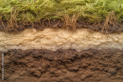 Cross-section view showcasing layers of soil, including topsoil with grass, a lighter subsoil layer, and darker, denser lower soil.  Cracks are visible in the lighter layer