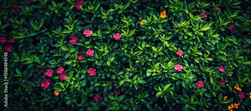 Lush green foliage densely covered with vibrant pink and scattered orange blossoms