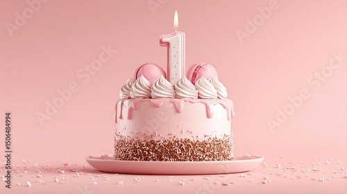 Minimalist birthday cake with number 1 candle on soft pastel pink background, elegant design, clean lines, flat lay