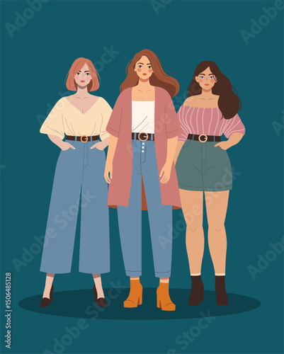 Illustration of three girls in full length wearing contemporary clothing in a modern flat design style. Ideal for fashion and trendy visuals, modern style illustration.