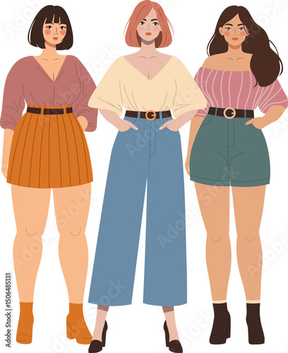 Illustration of three girls in full length wearing contemporary clothing in a modern flat design style. Ideal for fashion and trendy visuals, modern style illustration.