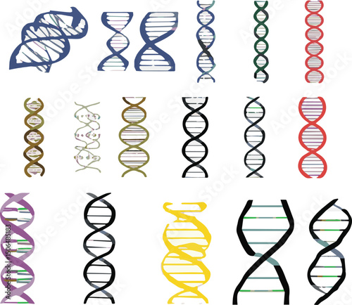 Create a kinds of DNA, genetic sign, elements and icons collection. Pictogram of DNA Symbol Isolated. vector art color with white background.