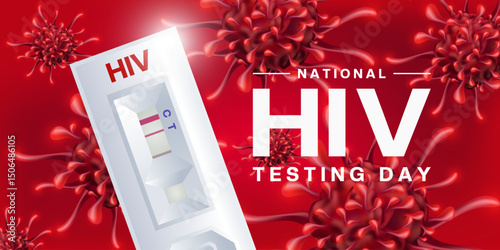 June 27 is National HIV Testing Day. Virus and HIV test kit. Suitable for posters, banners and social media. Red background. 