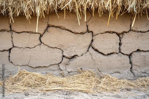 Cracked earthen wall capped with thatch, showing drought-induced desiccation and fragility