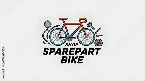 Colorful logo illustration of a bike with various spare parts and tools surrounding it. Perfect for bicycle repair shops, cycling gear stores, or mechanic branding and marketing.