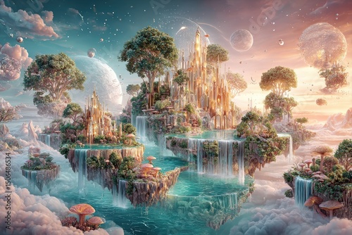 Enchanting Fantasy World with Floating Islands, Cascading Waterfalls, and Mystical Architecture in a Surreal Dreamlike Landscape Under a Celestial Sky