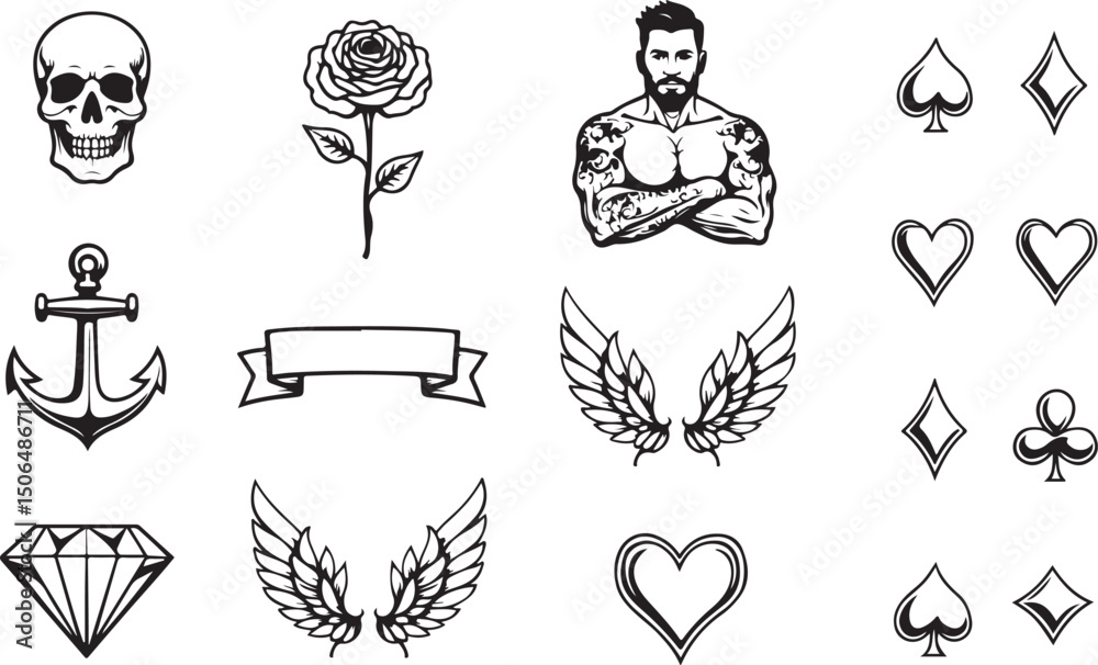 Fototapeta premium Grid of Tattoo-Style Designs Featuring Skulls, Roses, and Symbols
