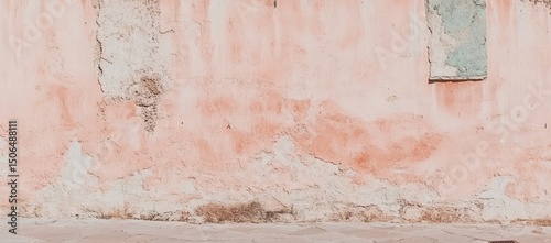 Weathered pink wall with crumbling plaster, revealing underlying stone and a small, faded teal inset