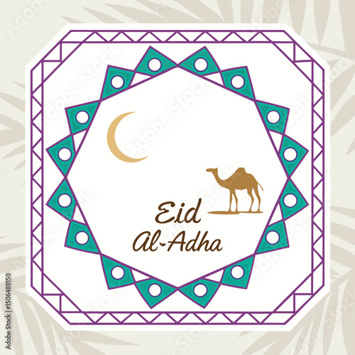 Elegant Eid Aladha Greeting Card Design With Camel And Moon Illustration