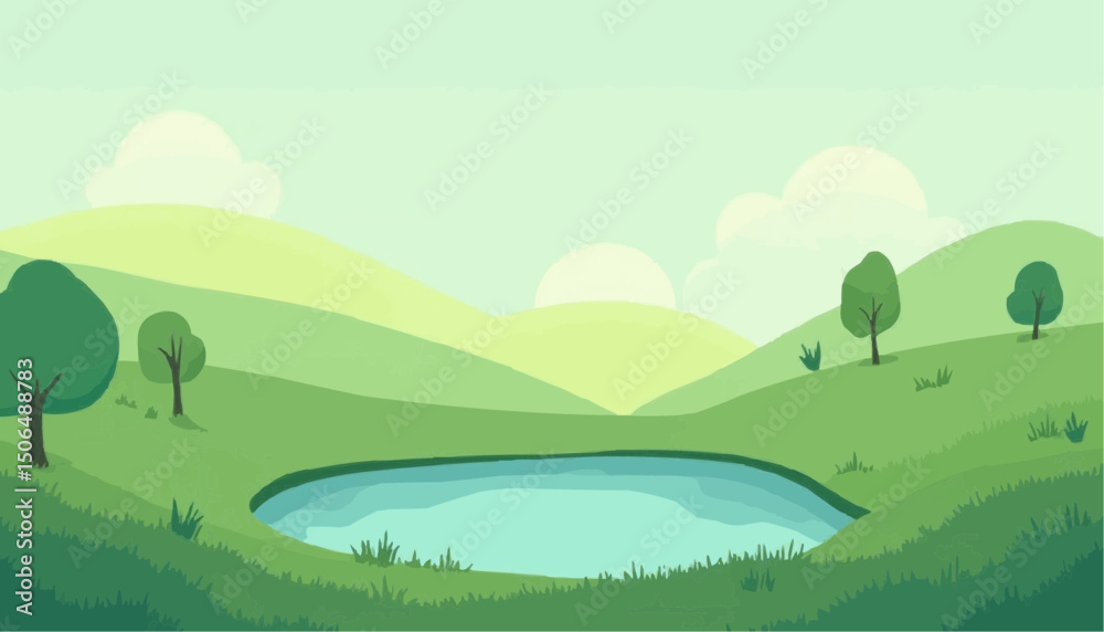 Obraz premium Green landscape with pond and hills illustration
