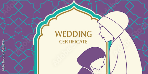 Modern Muslim Wedding Certificate Design With Geometric Background Pattern And Bride