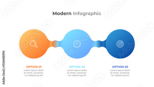 Modern 3 step infographic. Horizontal flow with icons for business presentations and breaking down processes. Vector illustration.