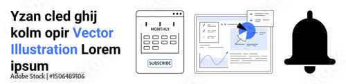 Digital calendar with subscription option, analytics dashboard, pie chart, and notification bell. Ideal for planning, organization, data analysis, business tools, productivity notifications simple