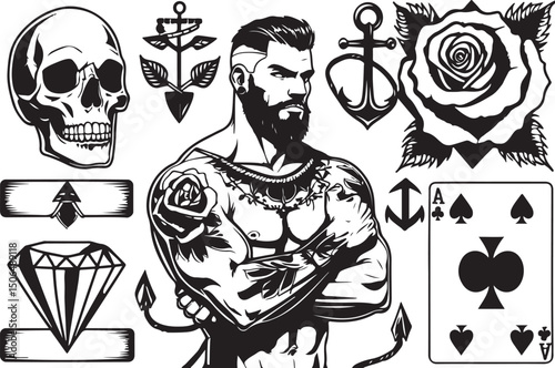  Collection of Tattoo Designs Featuring Skulls, Roses, and Anchors
