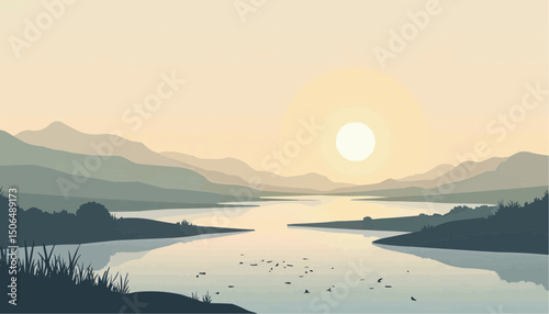 Lake view with mountain and sunset